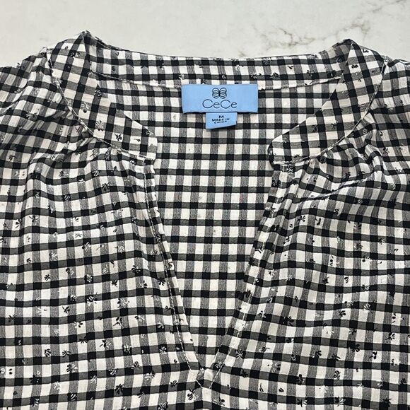CeCe NEW Black White Gingham Flutter Short Sleeve V Neck Top Size Medium - Picture 8 of 14